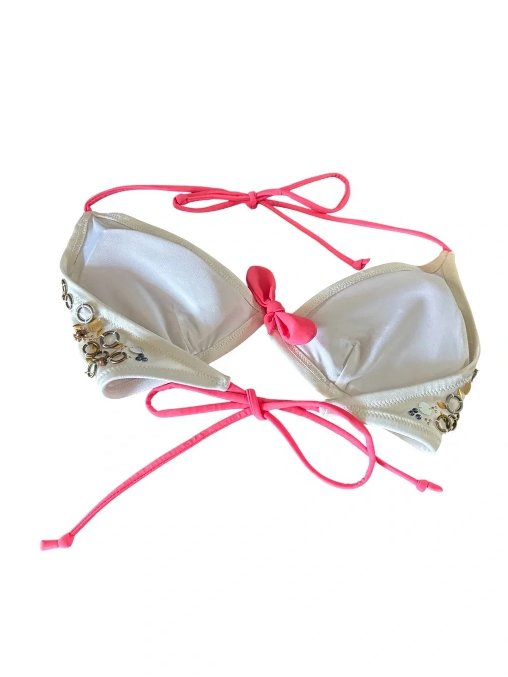 VICTORIAS SECRET STRING BIKINI TOP GOLD FLORAL EMBELLISHED HALTER SWIMWEAR SZ L